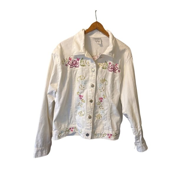 Women's Vintage Vanity Collection White Denim Cotton Embroidered Jacket XL - Picture 1 of 10